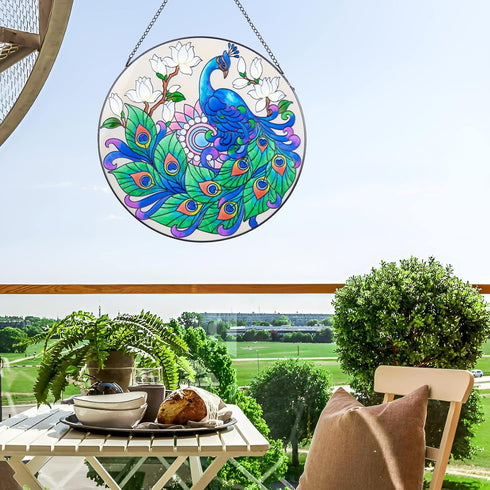 MUMTOP Stained Glass Window Hanging Suncatcher, Peacock Design Hand-Painted Glass Panel Home Decor, 12 Inch