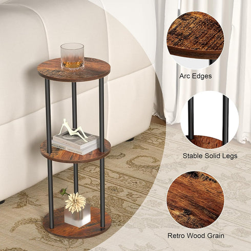 GHIMIGN 11.8'D 3-Tier Round Drink Table - Small Side Table with Wood Legs, End Table for Small Space, Balcony & Office