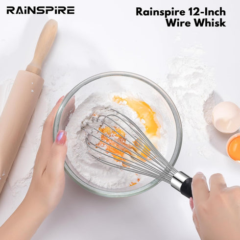 12-Inch Stainless Steel Wire Whisk, Balloon Whisks for Cooking, Black Wisking Tool with Soft Silicone Handle