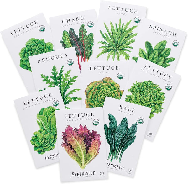 Sereniseed Certified Organic Leafy Greens Lettuce Seeds Collection (10-Pack) 100% Non GMO,