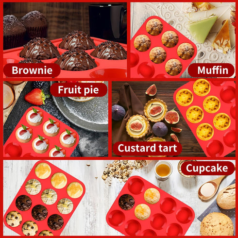 2PCS Silicone Muffin Pan - Thicken-12 Cup Non-Stick Baking Pan for Muffin Cakes, Tart, Bread - Dishwasher & Microwave