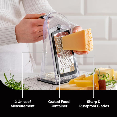 Cheese Grater with Handle - Box Grater Cheese Shredder - Stainless Steel Food Grater - Garlic Crusher and Mincer Tool