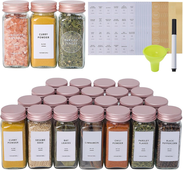 24 Pcs Glass Spice Jars with Labels and Pink Metal Caps, 4oz