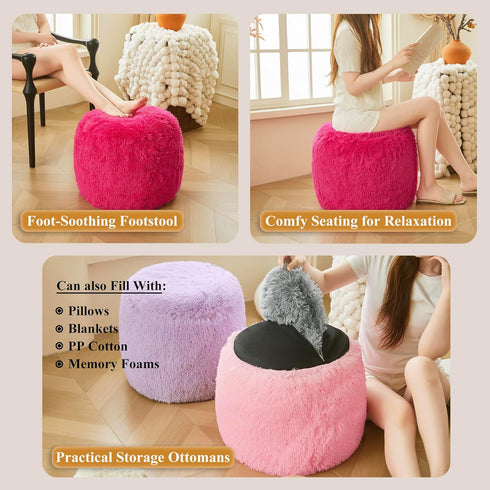 XeGe Fluffy Faux Fur Inflatable Pouf Ottoman, Soft Fuzzy Foot Stool Anti-Slip, Plush Foldable Foot Rest Floor Pouf