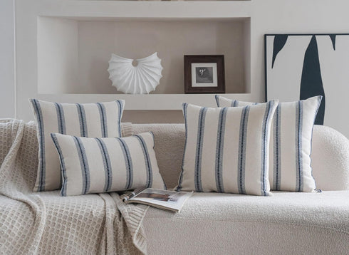 22x22 Set 2, Cethom Boho Throw Pillow Covers of Navy Blue Striped Decorative Pillow Cases for Couch Chair Bed, Textured