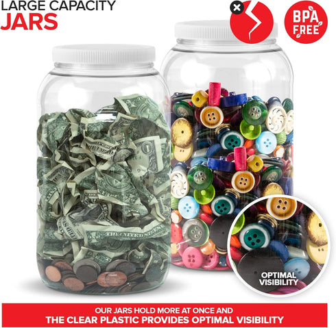 Stock Your Home 1 Gallon Clear Plastic Jars with Lids (2 Pack), 128 oz Wide Mouth Large Container for Candy, Cookies,