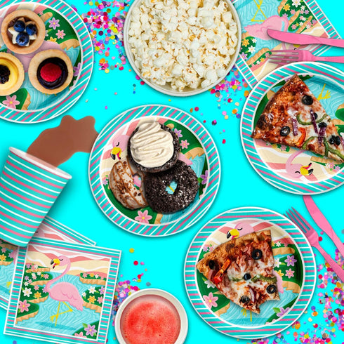 Pink Flamingo Birthday Party Supplies, Tableware Set Includes Plates, Napkins, Cups for 16