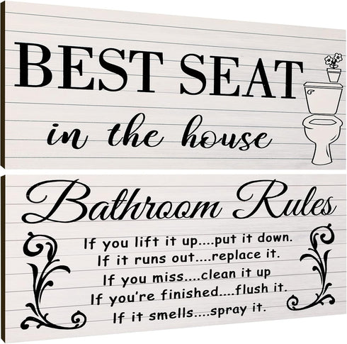 Jetec 2 Pieces Funny Bathroom Pictures Wall Sign Decor, Rustic Toilet Rule Wall Art, Best Seat Wooden Sign