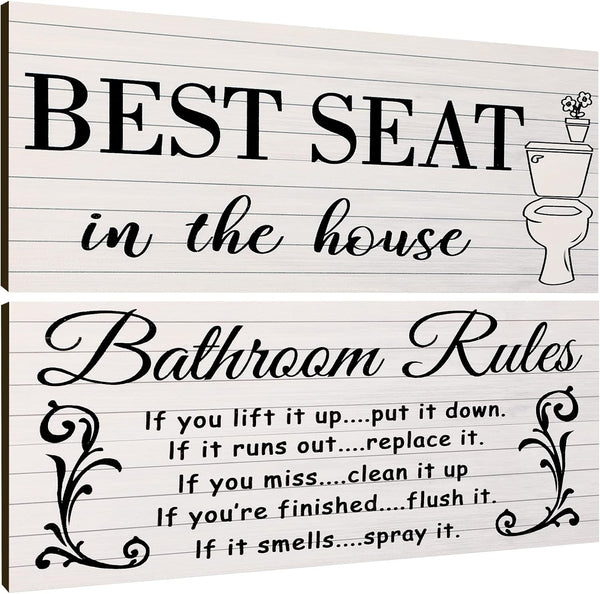 Jetec 2 Pieces Funny Bathroom Pictures Wall Sign Decor, Rustic Toilet Rule Wall Art, Best Seat Wooden Sign