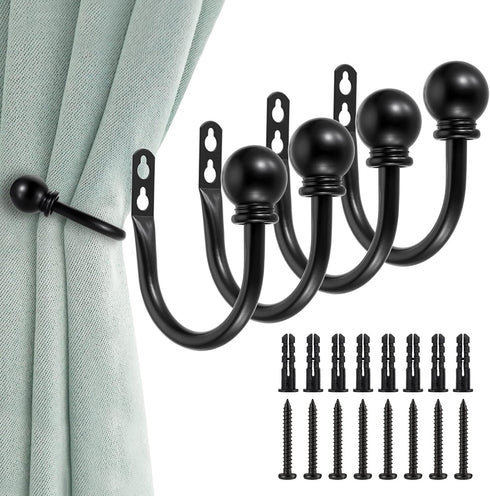 Sumnacon Set of 4 Decorative Curtain Holdbacks, Wall Mounted Aluminum Alloy Drapery Tiebacks for Bedroom, Black
