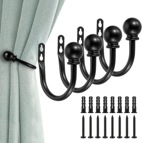 Sumnacon Set of 4 Decorative Curtain Holdbacks, Wall Mounted Aluminum Alloy Drapery Tiebacks for Bedroom, Black