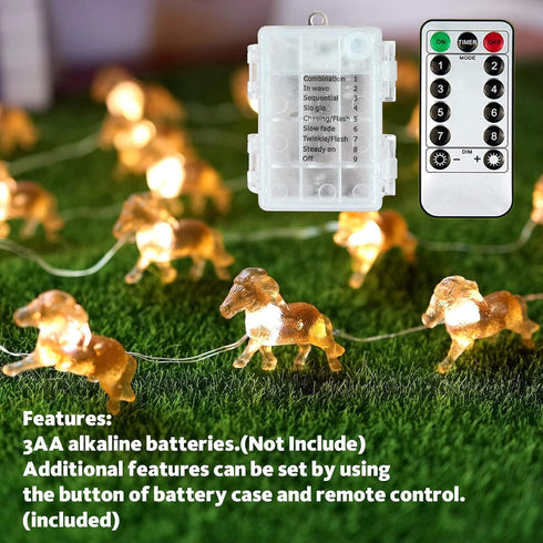 20 7FT 3D Pony String Lights LED Horse Fairy Lights Battery Operated with Remote, Cute Pony Decor for Girls Bedroom