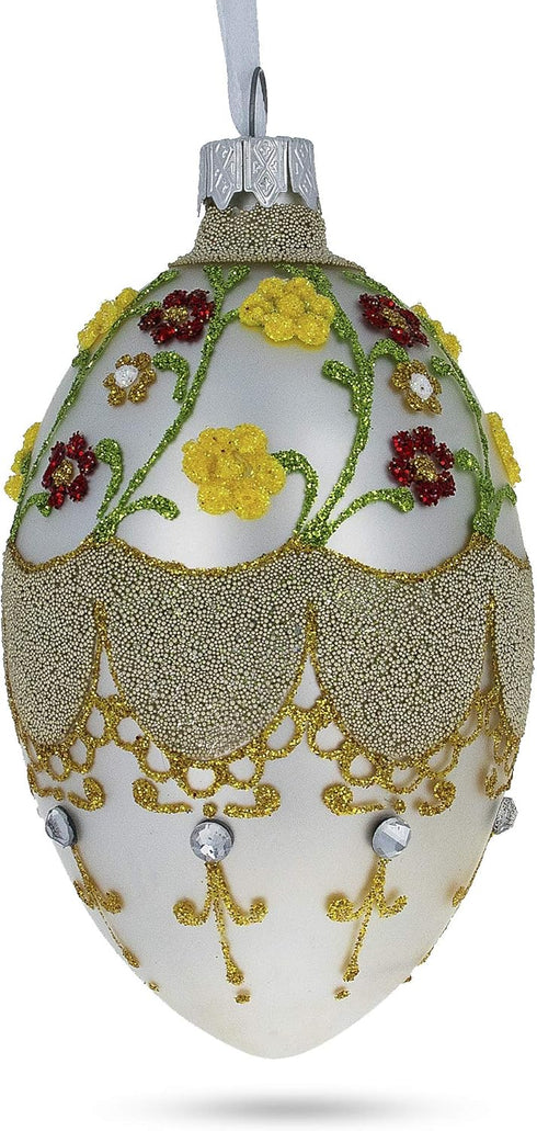 Multicolor Flowers on White Glass Egg Ornament, 4 Inches