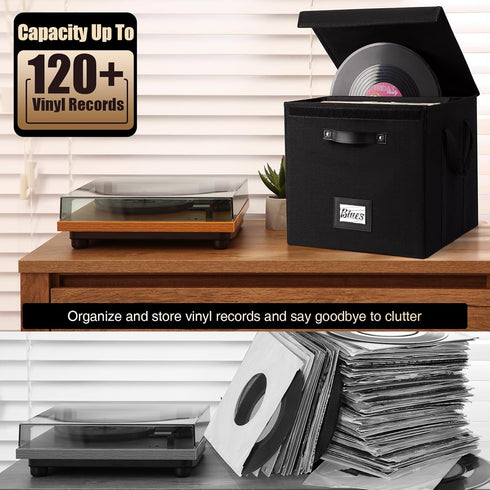 Vinyl Record Storage Box, 13 Inch Linen Fabric Case for LP Album Storage, Stackable & Collapsible for 120+ Records