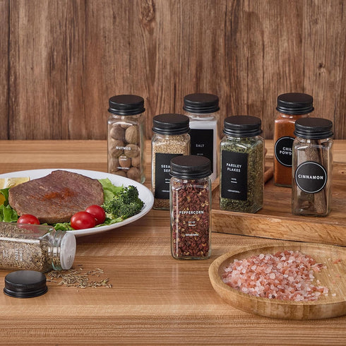 36 576 4oz Glass Spice Jars with Labels-Spice Jars with Black Metal Caps, Empty Square Spice Containers with Shaker