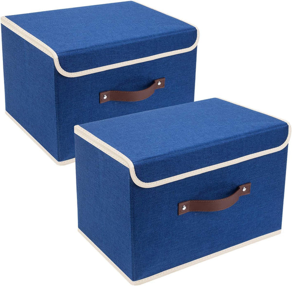 TYEERS Collapsible Storage Boxes, Washable Fabric Storage Bins with Lids, 14.9x9.8x9.8 inches, 2 Pack (Classic Blue)