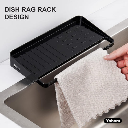 YOHOM 2-in-1 Suction Cup Sponge Holder for Kitchen, Undermount Sink Plastic Scrubber Tray Organizer (Black)