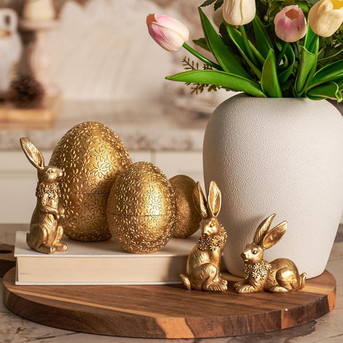 6PCS 3 3 DN DECONATION Easter Decorations with Rabbits and Nesting Easter Eggs, Small Gold Easter Bunny Figurines