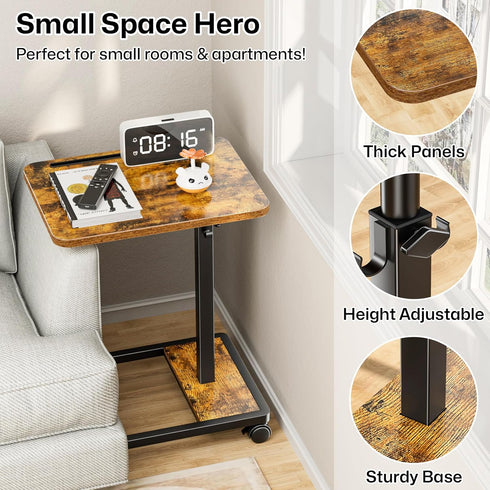 360 Adjustable TV Tray Table - Rotating C Shaped End Side Table Sofa Couch Bed Table with Wheels for Eating Living Room