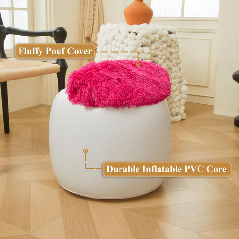 XeGe Fluffy Faux Fur Inflatable Pouf Ottoman, Soft Fuzzy Foot Stool Anti-Slip, Plush Foldable Foot Rest Floor Pouf