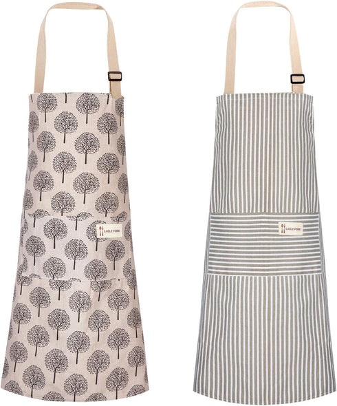 Syhood 2 Pack Aprons with 2 Pockets for Women Men, Soft Linen Adjustable Bib Kitchen Cooking Apron (Brown Stripes Style)