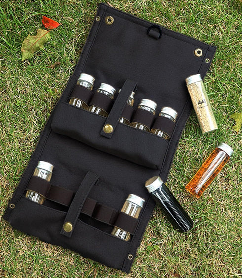 CRSUSUKJ 10 Set Travel Spice Kit, Portable Spice Bag with Spice Jars, Canvas Seasoning Storage Bag Organizer, Seasoning