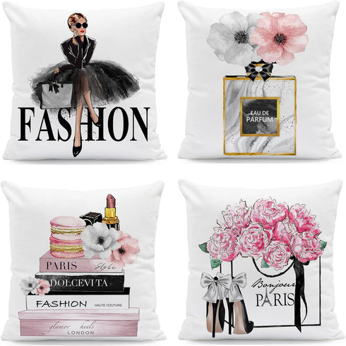 Set of 4 Pink Throw Pillow Covers 18x18 – Cute Decorative Pillow Covers with Pink Flower, Gold Perfume, Lipstick, Soft