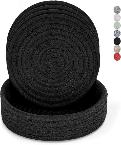 Trivets for Hot Dishes, 4 Pcs Coasters and Storage Basket, Hot Pads for Countertops, Cotton Hot Mats Cooking Pad (Black)