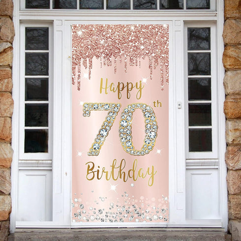 70th Birthday Door Banner Decorations - Pink Rose Gold Happy 70th Birthday Poster Sign for Party Supplies