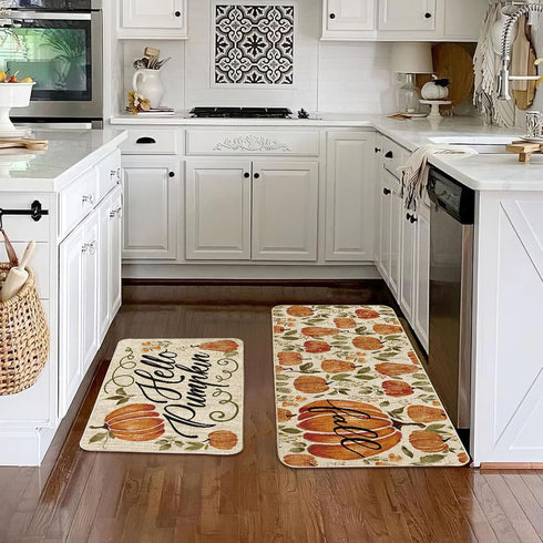 Baccessor Pumpkin Fall Kitchen Mats Set of 2, Pumpkins Floral Non Slip Absorbent Thanksgiving Fall Decor 17x29 17x47