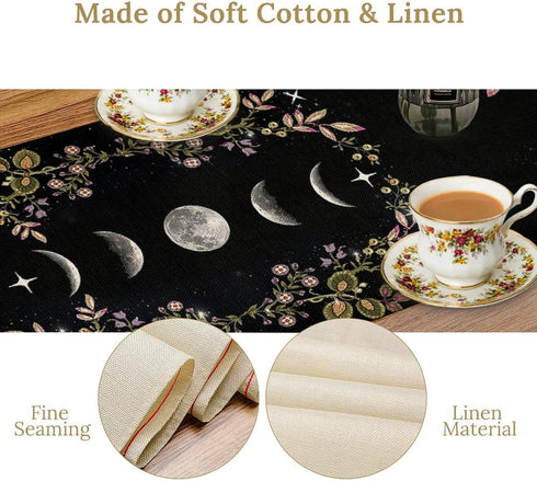 BenYaSong 13x60Inch Boho Floral Moon Table Runner, Cotton Linen Non-Slip Dining Table Runners Black Flower Wildflower