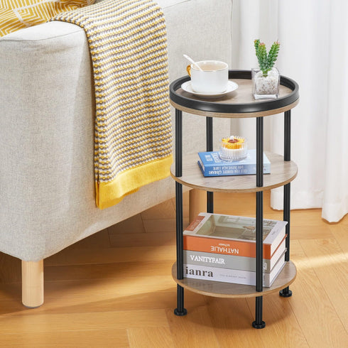 Small Round Side Table for Small Spaces - 3-Tier Modern Accent Table, Slim End Table for Living Room, Bedroom (Oak)