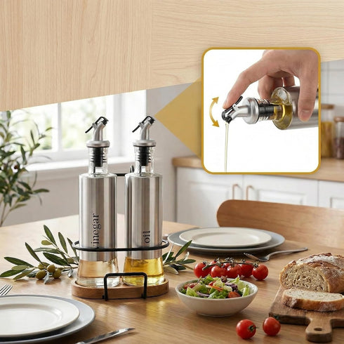 2 Pack Set 10OZ Tebery Olive Oil and Vinegar Bottle with Rack and Wooden Base, Olive Dispenser Glass Cooking Oil Cruet