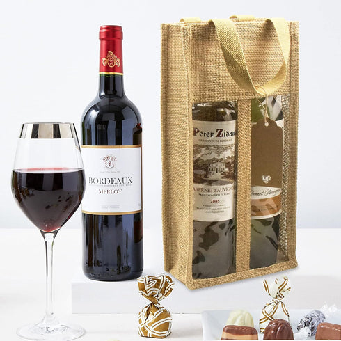 DIWNELEM 1 Pack Burlap Wine Gift Bags, Double Window Two Bottles Jute Bag for Wedding, Party Favors, Christmas