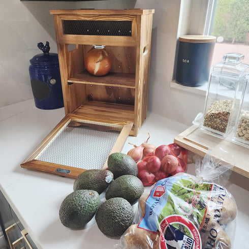 Ikee Design Wooden Countertop Potato and Onion Storage Bin, Rustic Color, 11.8W x 6.8D x 16H in