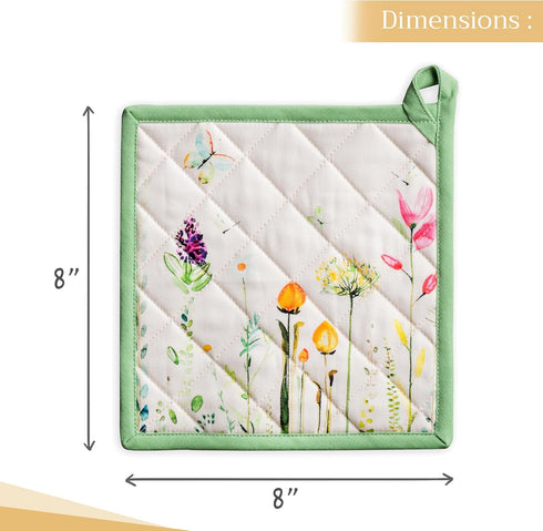 Maison d' Hermine Pot Holders Set, 100% Cotton Heat Resistant Potholders, 8" x 8", Pack of 2, Botanical Fresh
