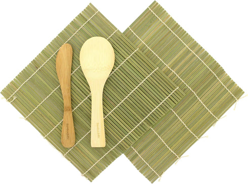 BambooMN Sushi Making Kit, 2x Green Bamboo Rolling Mats, 1x Rice Paddle, 1x Spreader, 100% Bamboo Mats and Utensils