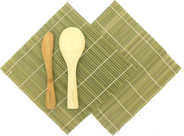 BambooMN Sushi Making Kit, 2x Green Bamboo Rolling Mats, 1x Rice Paddle, 1x Spreader, 100% Bamboo Mats and Utensils