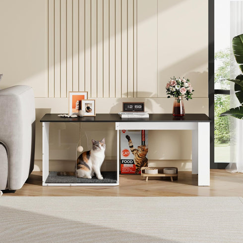 2-in-1 WLIVE Coffee Table, Cat Wood Coffee Table with Lagre Storage Tabletop, Modern Center Table Cat House with Cat