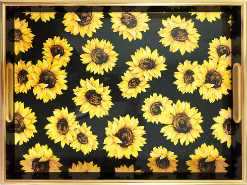 Sunflower Black Decorative Tray Set of 2, Plastic Serving Tray with Handles,