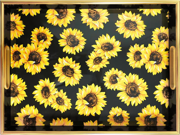 Sunflower Black Decorative Tray Set of 2, Plastic Serving Tray with Handles,