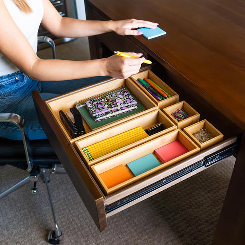Grow Forward Bamboo Drawer Organizer Boxes, Set of 14 Wooden Organizers for Kitchen, Bathroom, Office