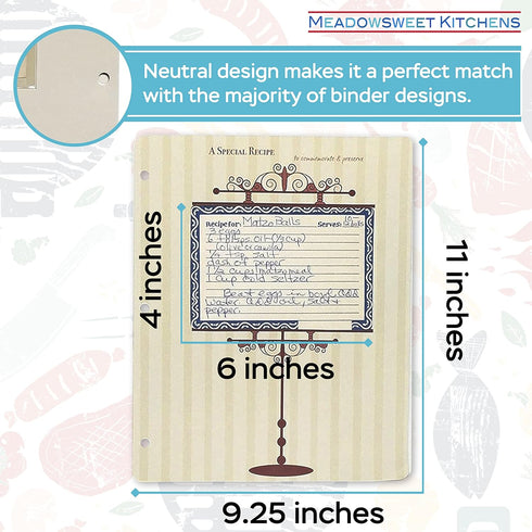 Meadowsweet Kitchens Vintage 4x6 Recipe Card Sheet Protectors for 9x12 3 Ring Binder