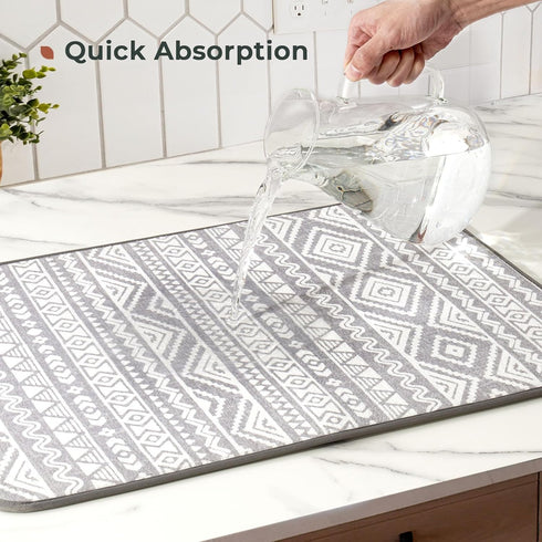 FRESHMINT Printed Dish Drying Mats 2 Pack, Absorbent Microfiber Kitchen Countertop Protector, Extra Large 18"x16"