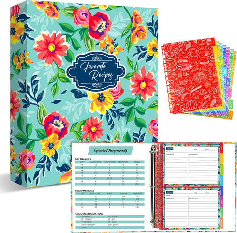 Recipe Binder, 9.5 x 11 inch 3 Ring Kit with 50 Protectors, 100 Recipe Cards & 8 Category Divider Tabs