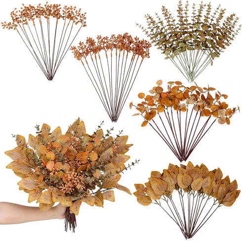 120 Pcs 5 Kinds Mixed Artificial Eucalyptus Leaves Stems and Fake Berry