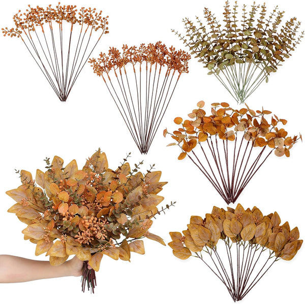 120 Pcs 5 Kinds Mixed Artificial Eucalyptus Leaves Stems and Fake Berry