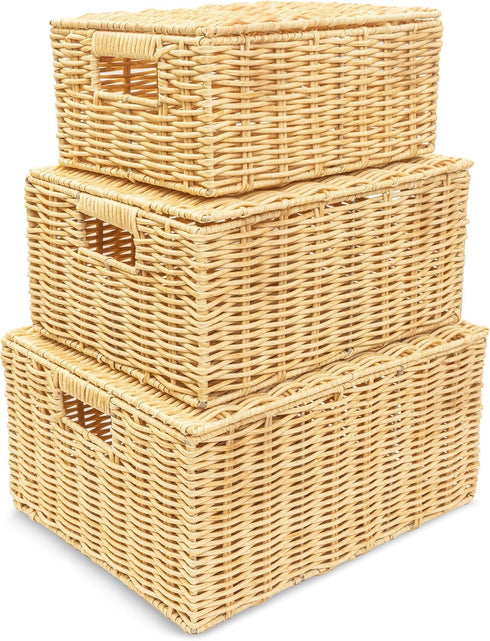 Milli's Product Wicker Storage Baskets Hand Woven with Lids Set of 3 (Large, Medium,