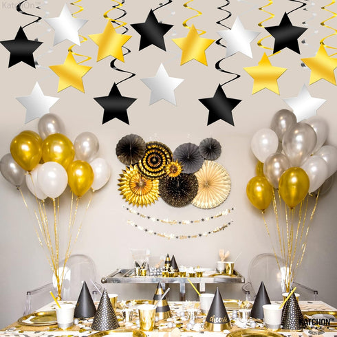 KatchOn Black Gold and Silver Star Hanging Swirls - Pack of 30, Graduation Decor Class of 2025, No DIY