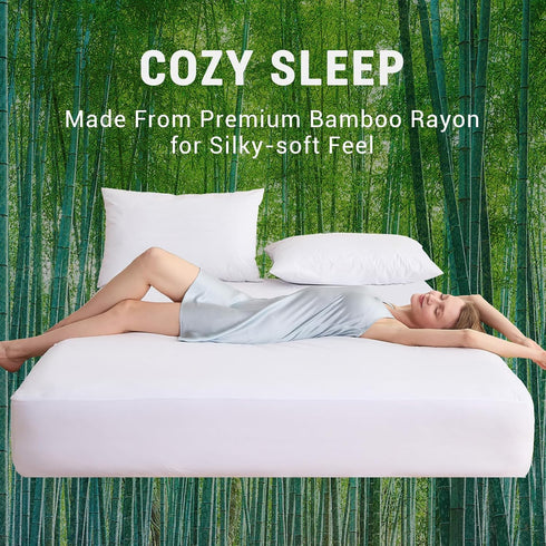 Gogreen Bamboo Rayon Waterproof Mattress Protector - Stretchable Queen Size Cover, Fits up to 16"